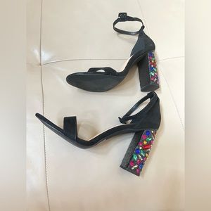 Rare Olivia Ferguson Black Suede Sandals with Gem Filled Stack Heels, Si…